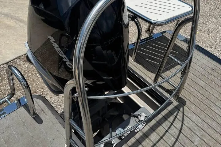 Slide: The Image of 2020 Harris Solstice 250 boat with Mercury engine and stainless steel railing. - 6