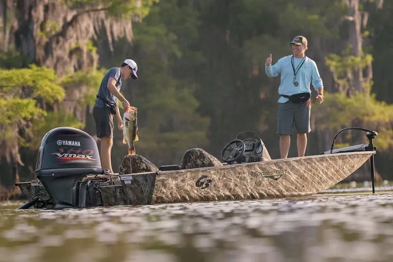 Slide: The Image of Manufacturer Provided Image: 2019 G3 Sportsman 1810 Camo boat with Yamaha motor, two men fishing. - 20