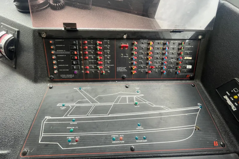 Slide: The Image of Control panel of a 1989 Bayliner Pilothouse 4588 boat with labeled switches and diagram. - 23