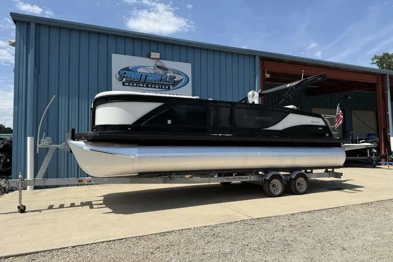 Slide: The Image of 2021 Godfrey Monaco 235 SFL GTP pontoon boat on trailer at Foothills Marine Center. - 3