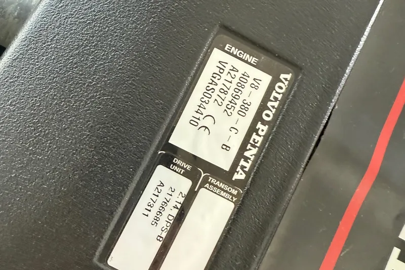 Slide: The Image of Volvo Penta engine label on 2013 Cobalt A28 boat, displaying model and serial numbers. - 41