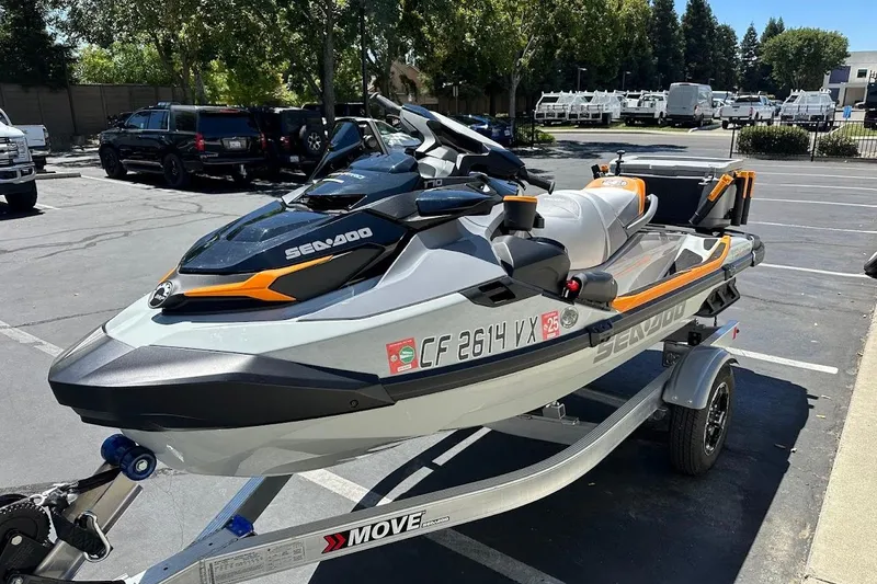 Slide: The Image of 2023 Sea-Doo Fish Pro Trophy on trailer in parking lot. - 3