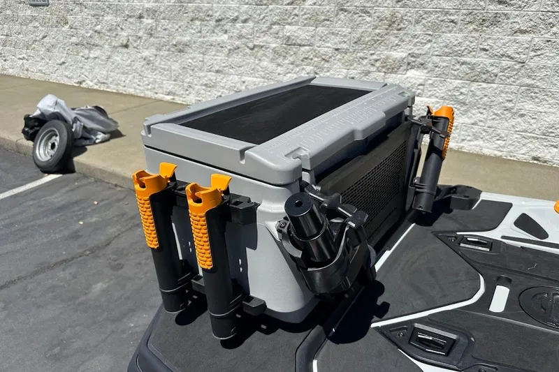 Slide: The Image of 2023 Sea-Doo Fish Pro Trophy fishing gear setup with rod holders and storage box. - 6