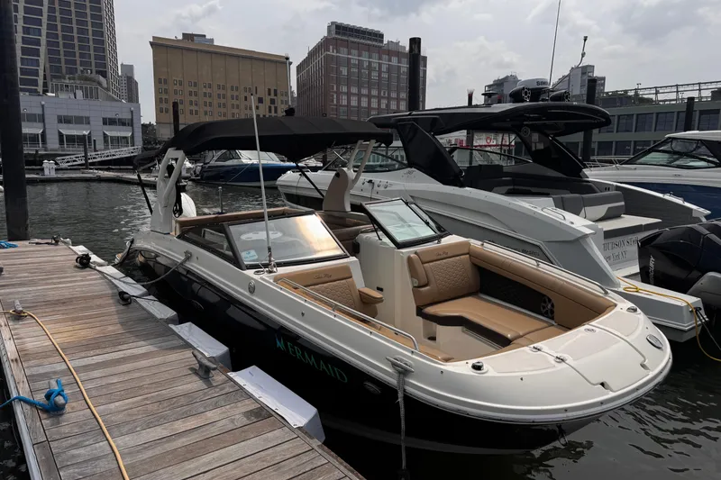 Slide: The Image of 2020 Sea Ray boat docked at marina, featuring sleek design and comfortable seating. - 3