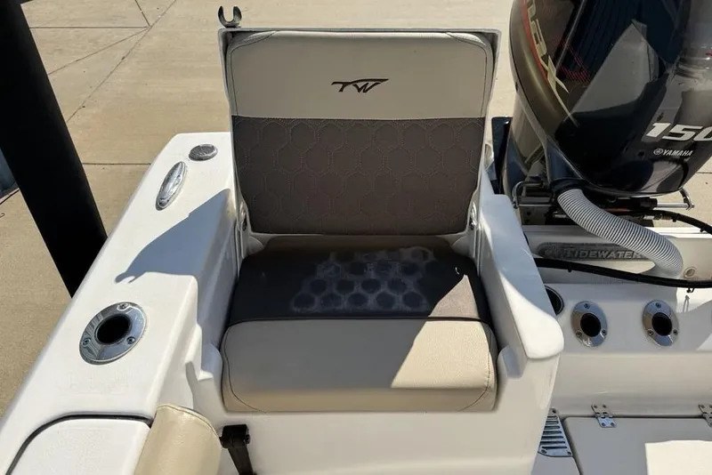 Slide: The Image of 2020 Tidewater 198 CC Adventure boat seat and Yamaha engine detail. - 20