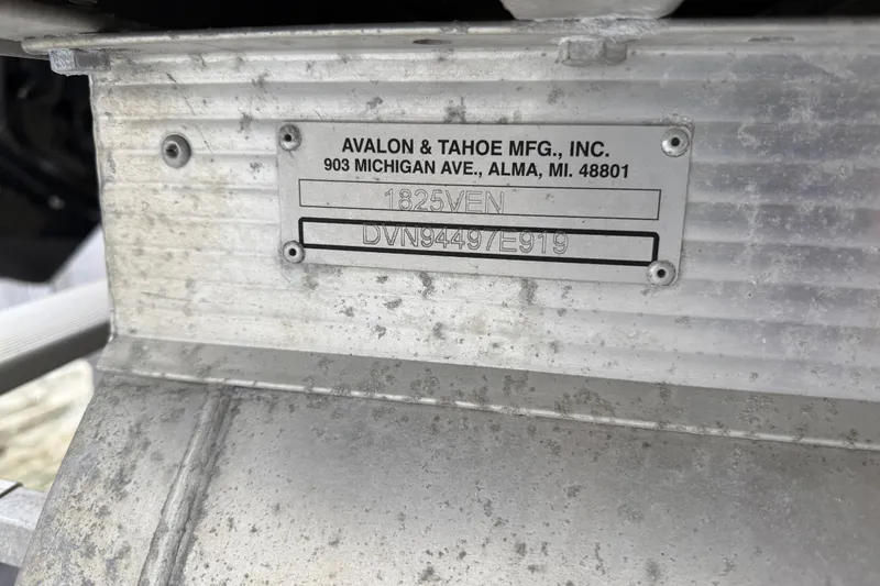 Slide: The Image of Metal identification plate on 2020 Avalon Venture Cruise boat, showing manufacturer details and serial number. - 21