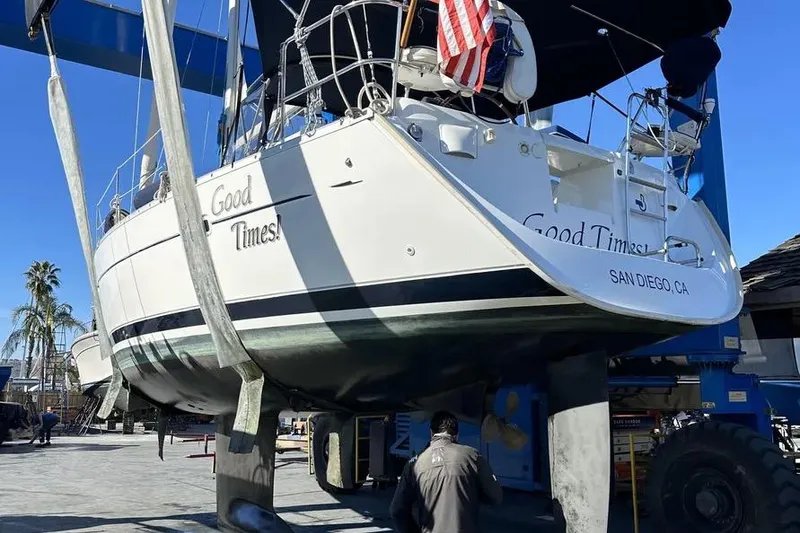 Slide: The Image of 2005 Beneteau 373 sailboat named "Good Times" in a boatyard, San Diego, CA. - 72