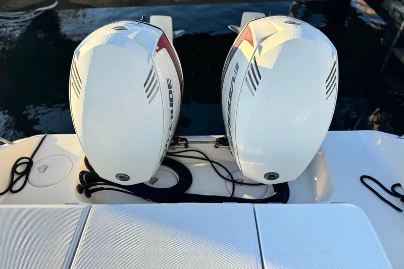 Slide: The Image of Twin Evinrude outboard motors on a 2003 Triton 2690 CC boat. - 13