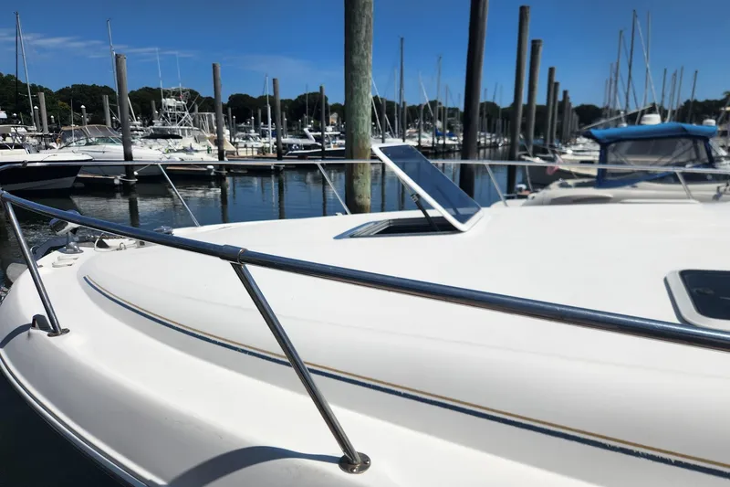 Slide: The Image of 1999 Sea Ray 310 Sundancer docked in a marina, surrounded by other boats. - 2
