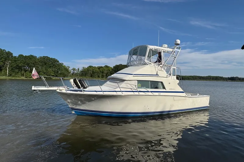 The Image of 1987 Bertram 33 Sport Fisherman boat on calm water under clear blue sky. - 0
