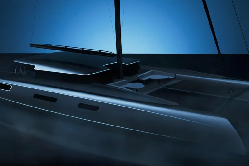 The Image of Futuristic Black Pepper Code C.100 yacht, 2027 model, sleek design in a misty blue setting. - 1