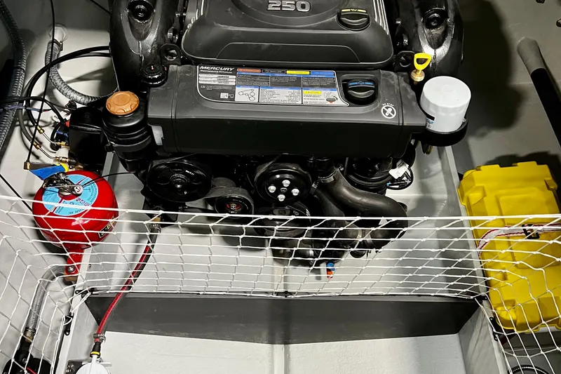 Slide: The Image of Engine compartment of Black Pepper Tender 24, featuring a Mercury 250 engine, 2026 model. - 10