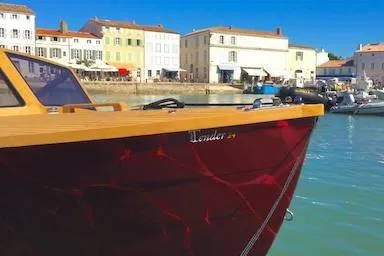 Slide: The Image of Luxury boat "Tender 24" by Black Pepper, docked in a scenic harbor, 2026 model. - 14
