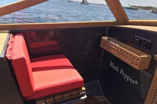 Slide: The Image of Red seating on Black Pepper Tender 24 boat, overlooking serene water. - 21