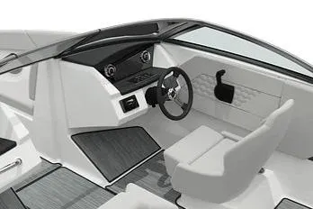 Slide: The Image of 2026 Four Winns H1 Freedom boat interior with modern dashboard and steering wheel. - 2