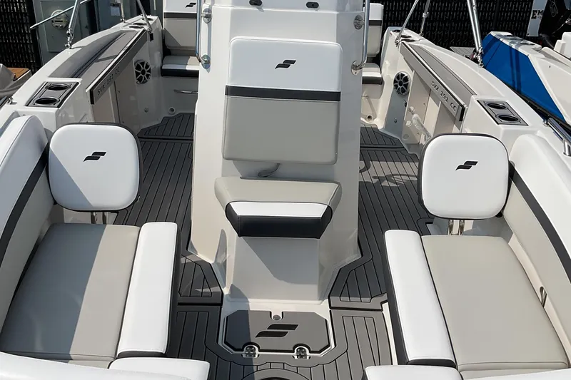 Slide: The Image of 2025 Starcraft SVX 191 OB CC boat interior with modern seating and sleek design. - 4
