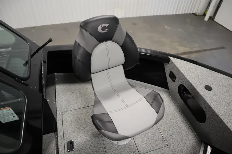 Slide: The Image of 2026 Crestliner 2050 Commander boat seat in gray and black upholstery. - 11