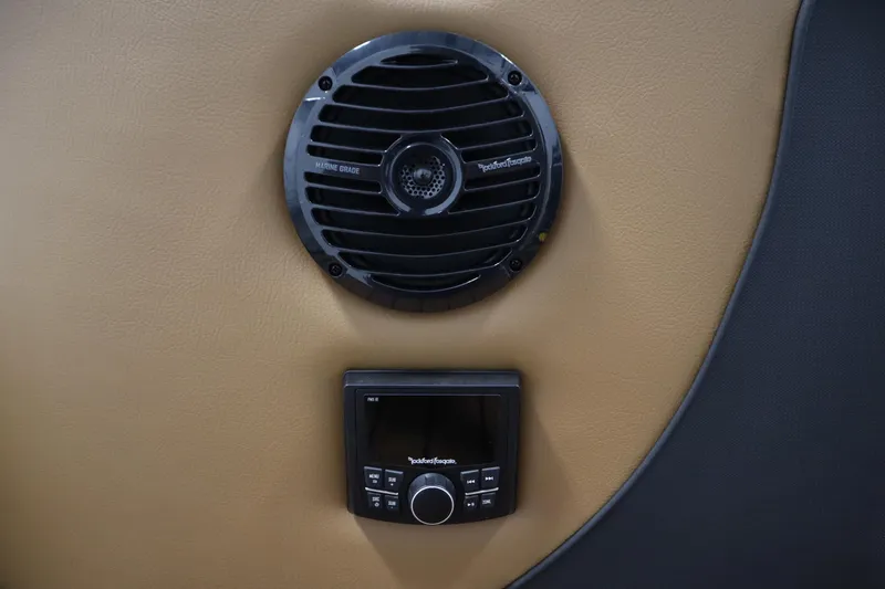 Slide: The Image of 2026 Bentley Pontoons Elite 223 Admiral Tri-toon audio system with marine-grade speaker and control panel. - 40