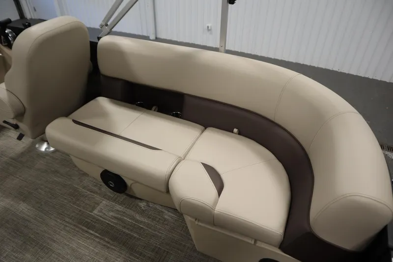 Slide: The Image of 2026 Bentley Pontoons LE 200 CW interior seating, featuring beige and brown upholstery. - 30