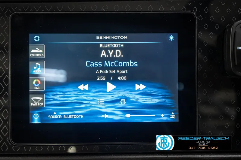 Slide: The Image of Display screen in a 2026 Bennington 22 MSB showing Bluetooth audio controls. - 35