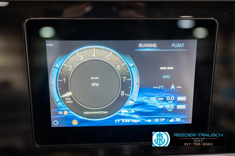 Slide: The Image of Digital dashboard display of a 2026 Bennington 22 MSB boat, showing RPM and fuel data. - 37