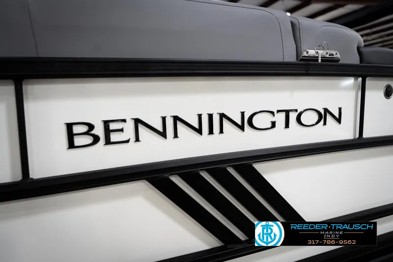 Slide: The Image of 2026 Bennington 22 MSB boat with sleek design and branding. - 48
