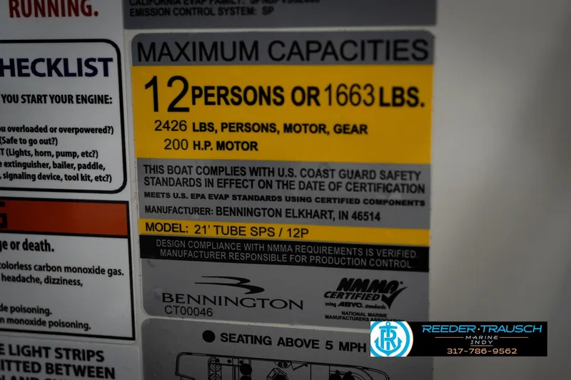 Slide: The Image of 2026 Bennington 22 MSB capacity label, 12 persons or 1663 lbs, 200 HP motor. - 55