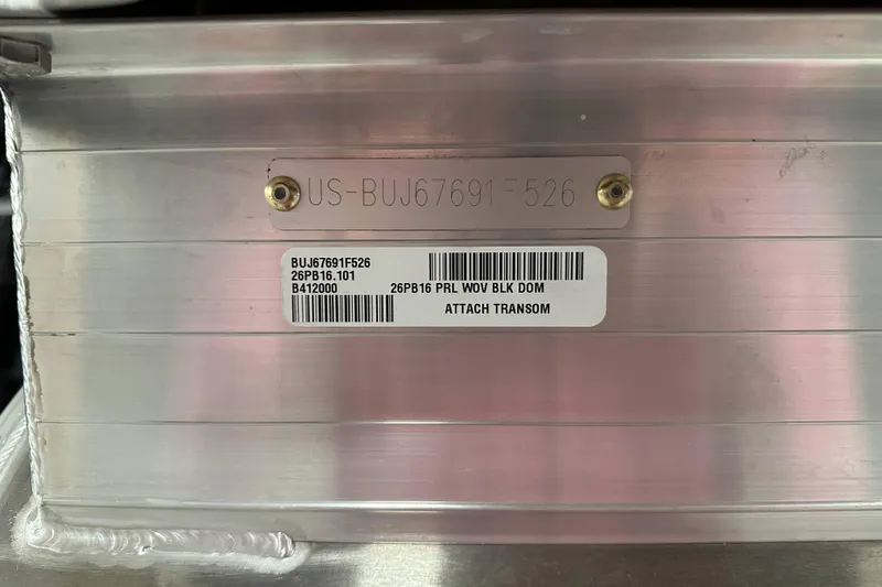 Slide: The Image of Serial number plate on 2026 Sun Tracker Party Barge 16 DLX boat transom. - 19