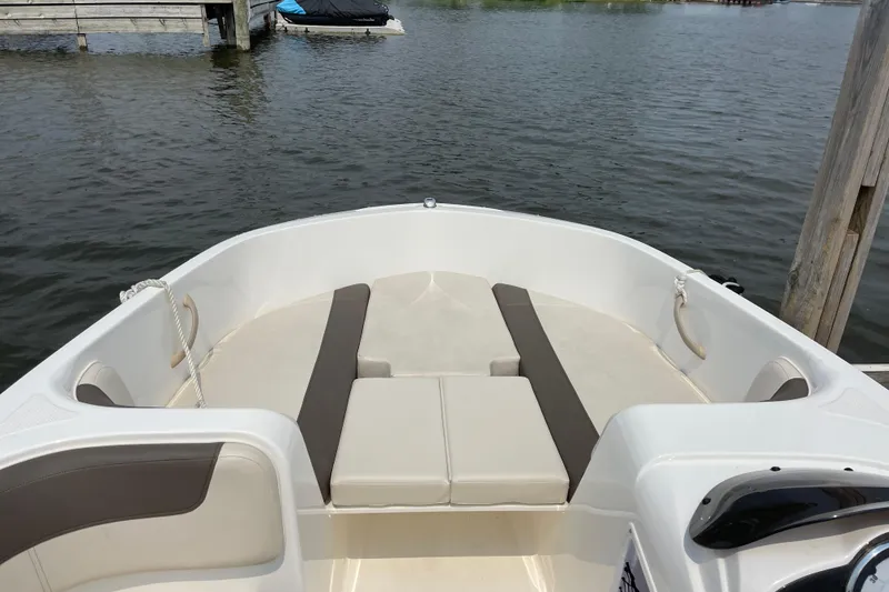 Slide: The Image of 2020 Bayliner Element boat interior with cushioned seating, docked on calm water. - 18