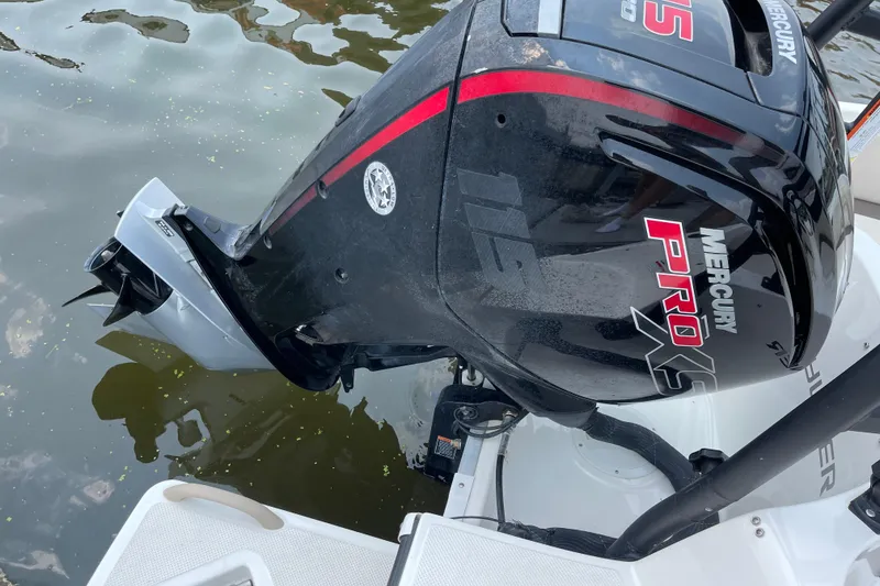 Slide: The Image of 2020 Bayliner Element with Mercury Pro XS outboard motor on water. - 19