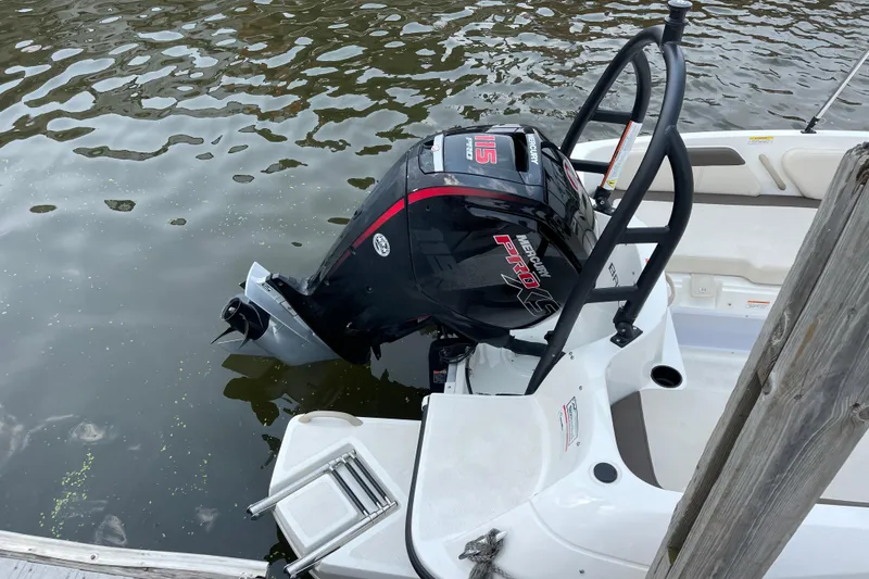 Slide: The Image of 2020 Bayliner Element boat with Mercury Pro XS outboard motor docked on water. - 7
