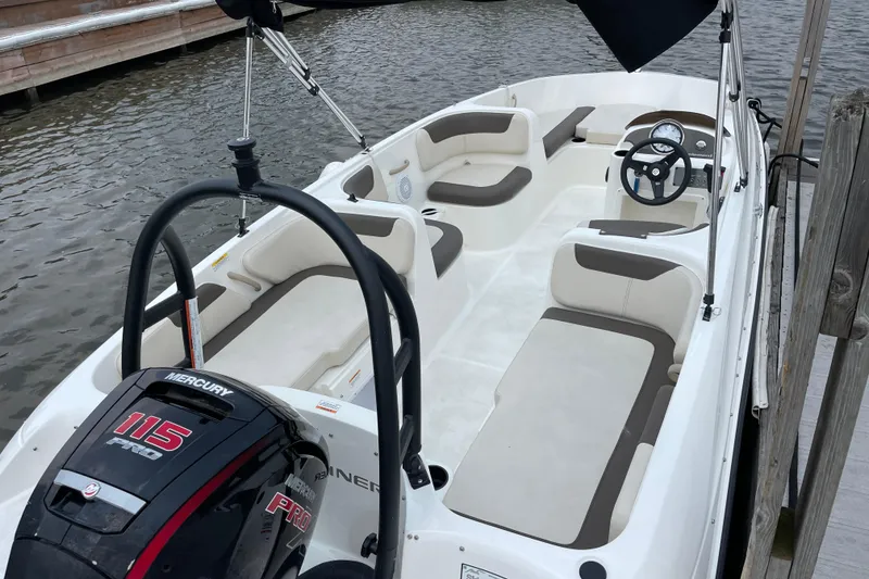 Slide: The Image of 2020 Bayliner Element boat with Mercury 115 Pro engine, docked on calm water. - 9