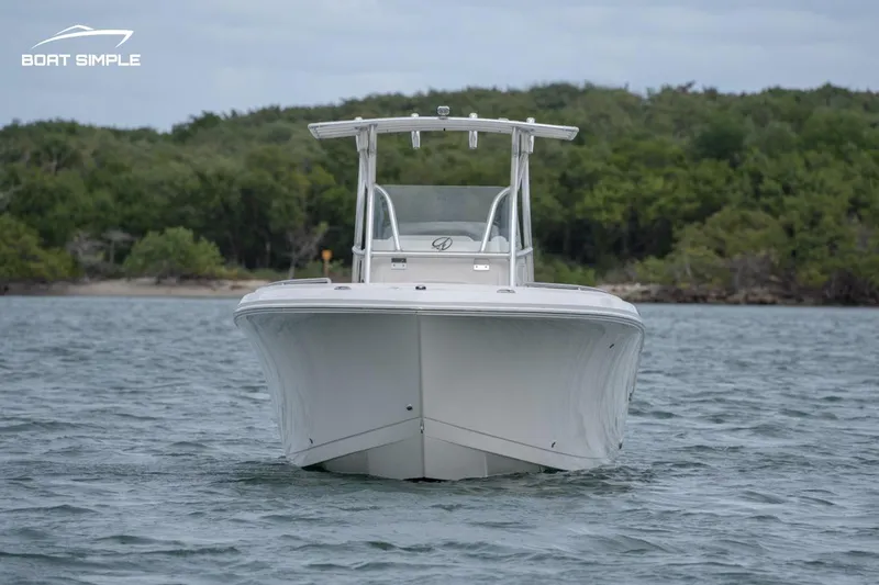 Slide: The Image of 2024 Sailfish 242 CC boat on water, front view with lush greenery background. - 2