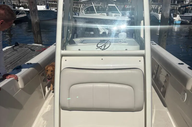 Slide: The Image of 2024 Sailfish 241 CC boat at dock with person and dog onboard. - 10