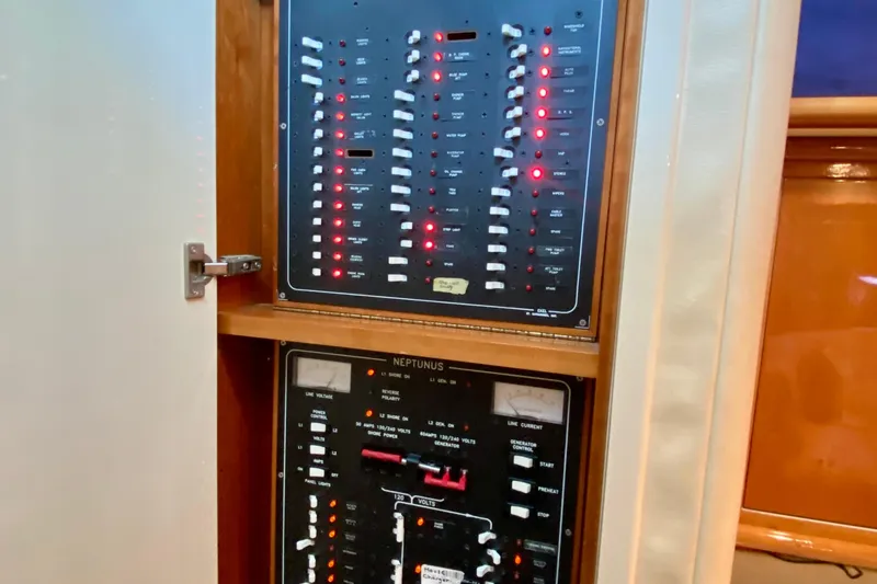 Slide: The Image of Electrical panel of a 1999 Neptunus 54 Hardtop Express yacht, showing switches and indicators. - 63