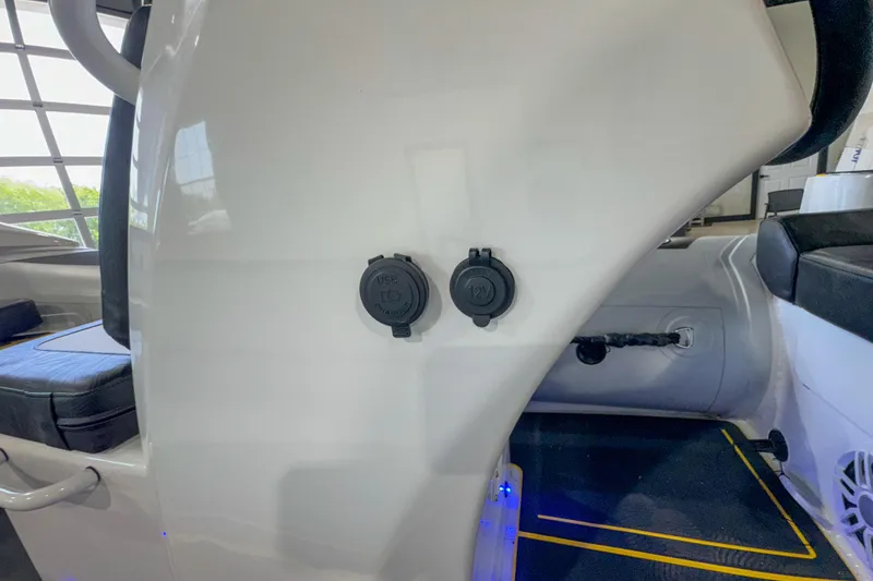 Slide: The Image of Highfield Velox 420 (2025) interior with USB and 12V charging ports. - 11