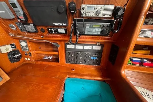 Slide: The Image of 1986 Little Harbor AFt Cockpit K/CB Sloop navigation station with radio equipment and control panel. - 20