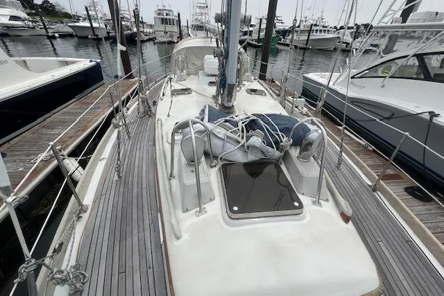 Slide: The Image of 1986 Little Harbor AFt Cockpit K/CB Sloop docked at marina, view of deck and rigging. - 44