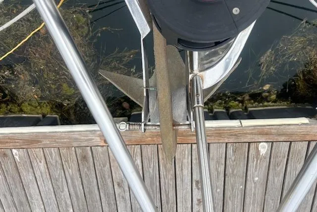 Slide: The Image of Top view of a 1986 Little Harbor AFt Cockpit K/CB Sloop's anchor and bow railing. - 45