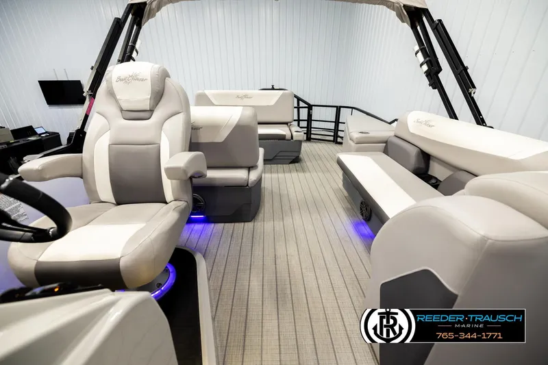 Slide: The Image of 2023 SunChaser 23 Eclipse SSB pontoon boat interior with luxurious seating and modern design. - 15
