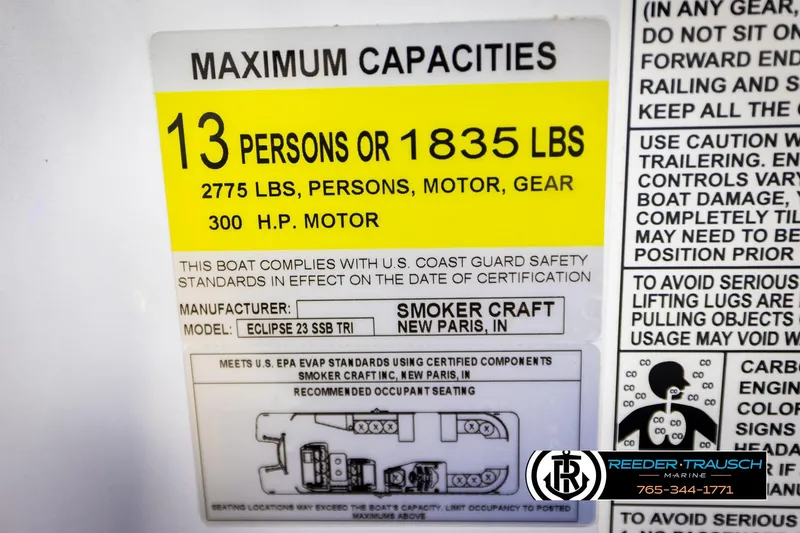 Slide: The Image of 2023 SunChaser 23 Eclipse SSB boat capacity label: 13 persons or 1835 lbs, 300 HP motor. - 62