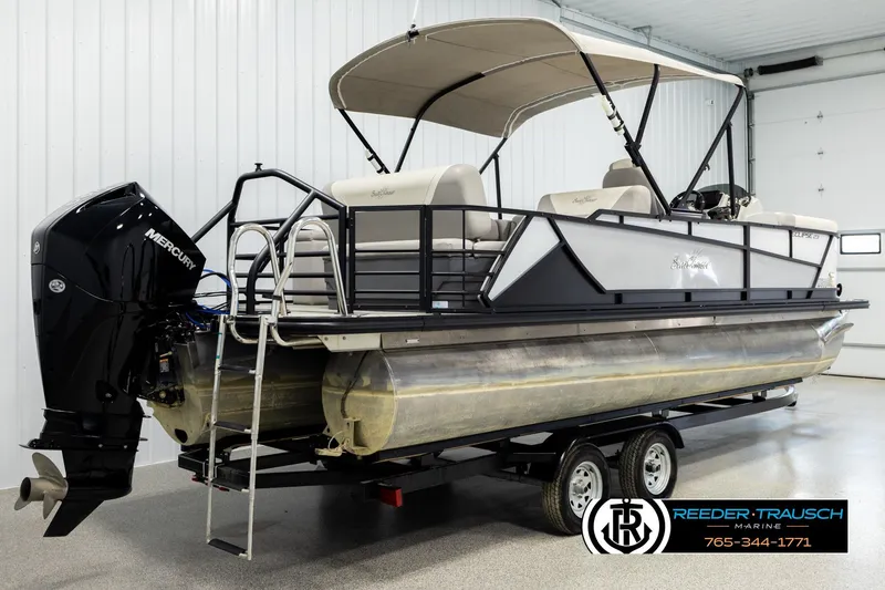 Slide: The Image of 2023 SunChaser 23 Eclipse SSB pontoon boat with Mercury outboard engine in showroom. - 7
