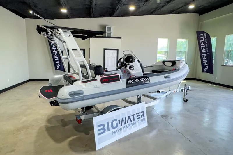 Slide: The Image of 2025 Highfield Velox 420 boat displayed indoors at Big Water Marine & Boat Club. - 10
