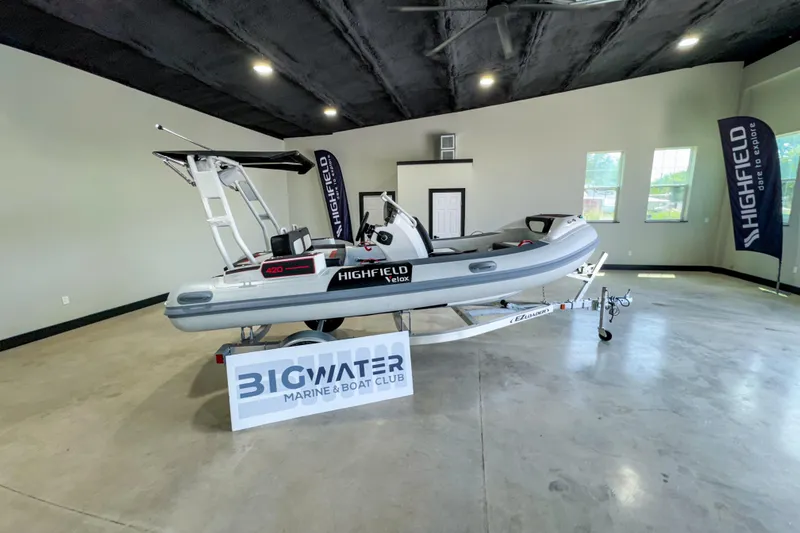 Slide: The Image of 2025 Highfield Velox 420 boat displayed indoors at Big Water Marine & Boat Club. - 11