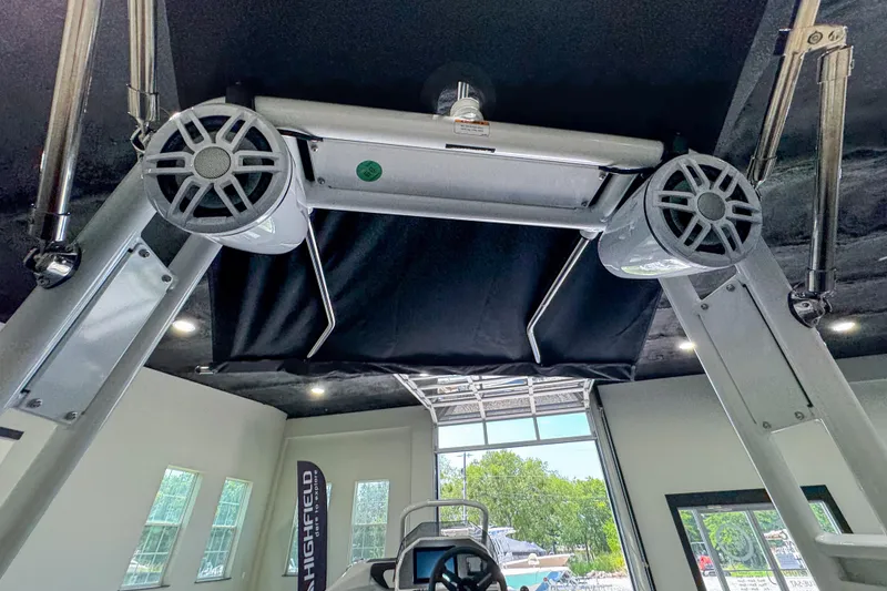 Slide: The Image of Highfield Velox 420 boat interior with speakers, showcasing modern design and technology, 2025 model. - 19