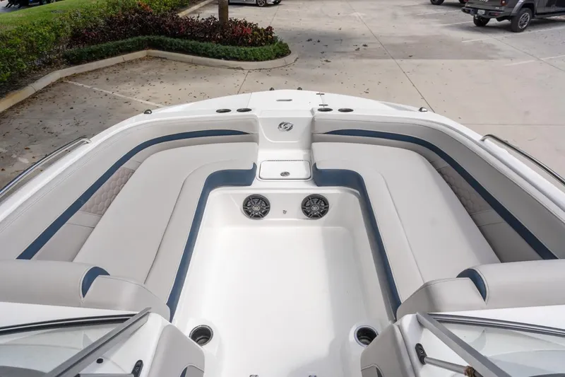 Slide: The Image of 2021 Hurricane SunDeck 217 OB boat interior with spacious seating and modern design. - 11