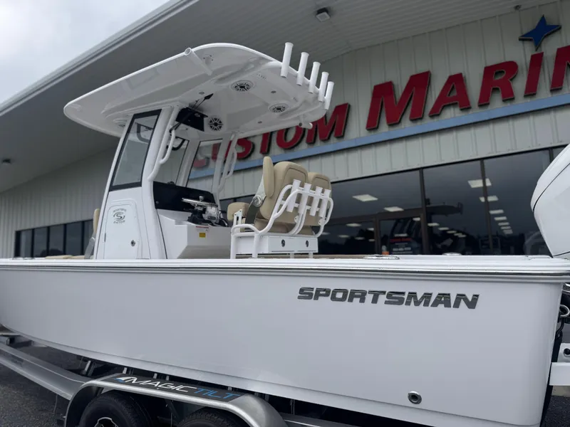 Slide: The Image of 2026 Sportsman Masters 247OE Bay Boat displayed at Custom Marine dealership. - 3