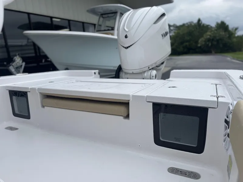Slide: The Image of 2026 Sportsman Masters 247OE Bay Boat with Yamaha outboard engine, rear deck view. - 31