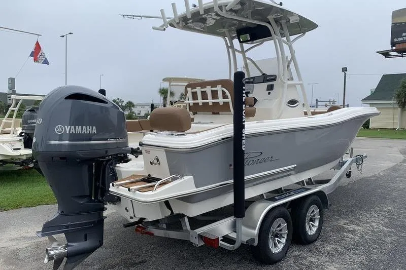 Slide: The Image of 2025 Pionee Sportfish 222 boat with Yamaha engine on a trailer. - 4