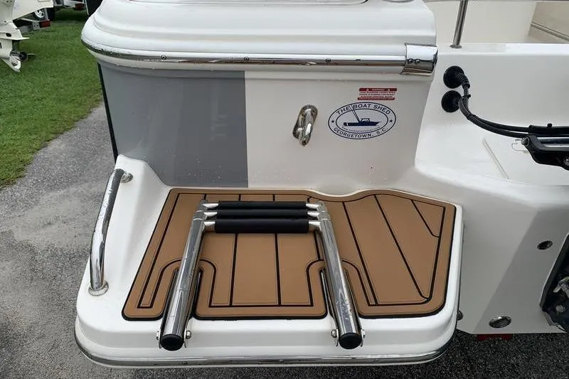 Slide: The Image of 2025 Pionee Sportfish 222 boat swim platform with ladder and logo. - 9